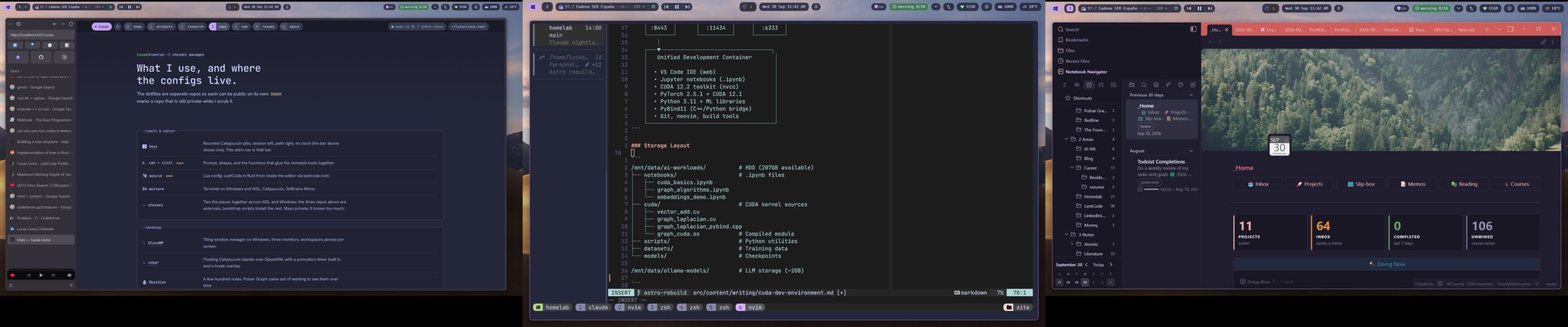 Lucas's three-monitor desktop: this site in a browser on the left, neovim inside tmux in the middle, Obsidian on the right, with a zebar status bar across the top of each.